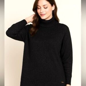 NWT Anne Klein Sweater size XL Black Gold Metallic Thread Loose Turtleneck Soft